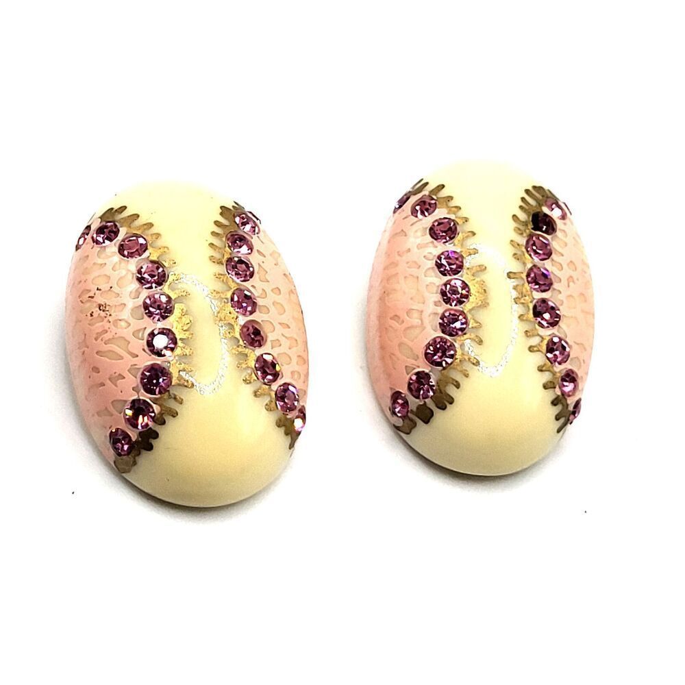 Stunning Vintage Russian Pink Rhinestone Enamel Clip On Earrings 1.5in